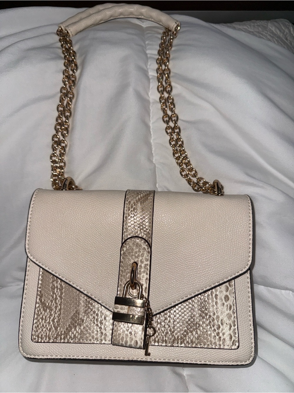 Aldo Cream Shoulder Bag with Gold Chain and Snake-Trim